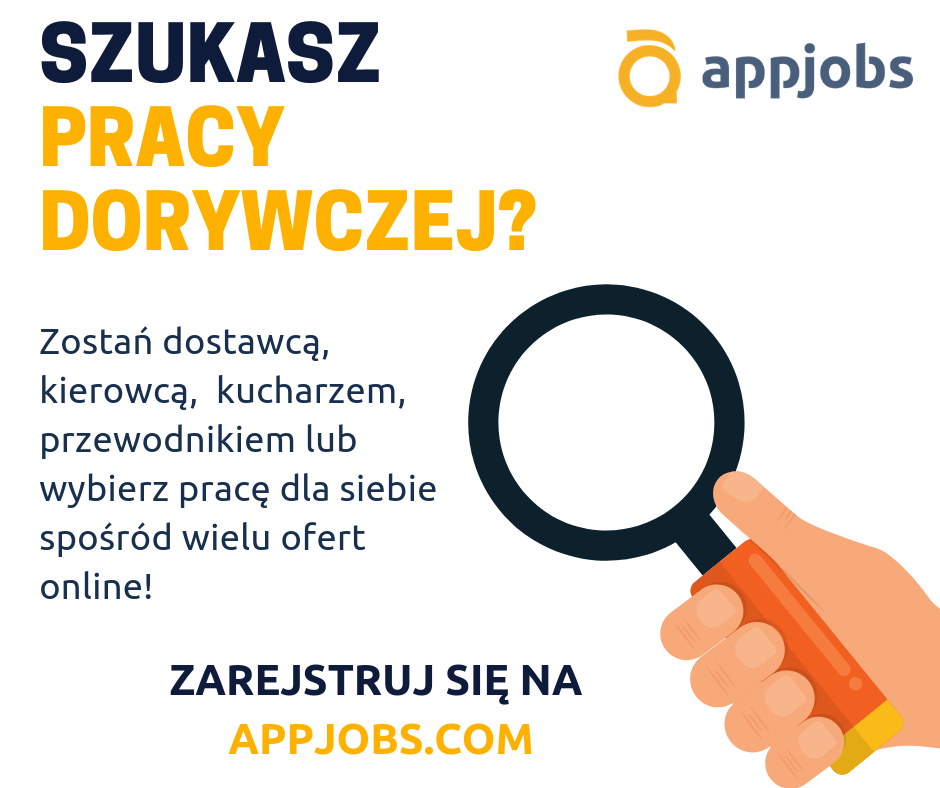 Plakat informujący o AppJobs - platformie pozwalającej na znalezienie zatrudnienia często w charakterze pracy dodatkowej lub weekendowej.