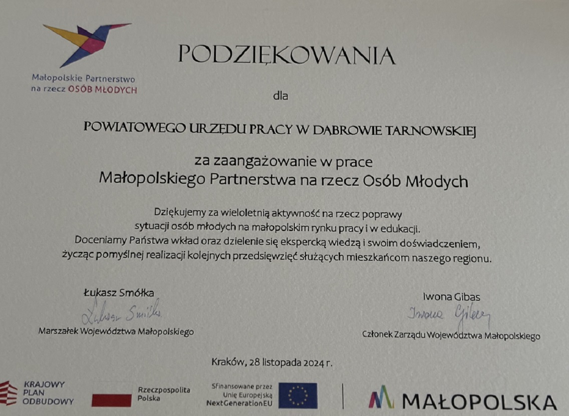 Podziękowania Małopolskie Partnerstwo na rzecz Osób Młodych