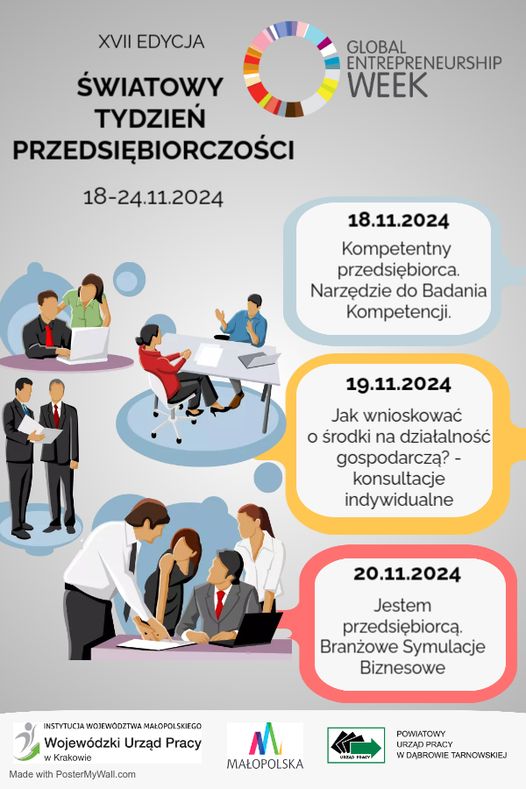 Plakat z harmonogramem Światowego Dnia Przedsiębiorczości