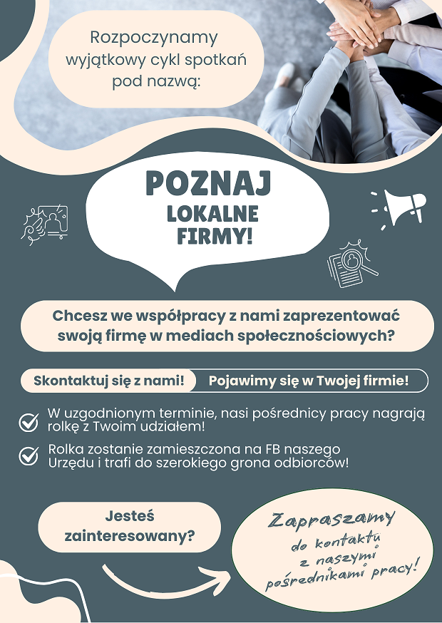Plakat promujący innowatorski projekt pod nazwą Poznaj lokalne firmy