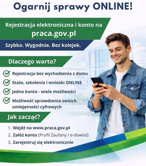 plakat zachęcający do korzystania z e-usług administracji poprzez kontro praca.gov.pl
