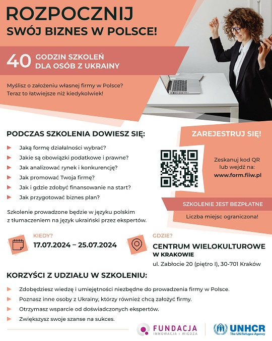 Plakat promujący szkolenie z zakresu przedsiębiorczości dla osób z Ukrainy ws. prowadzenia własnego biznesu