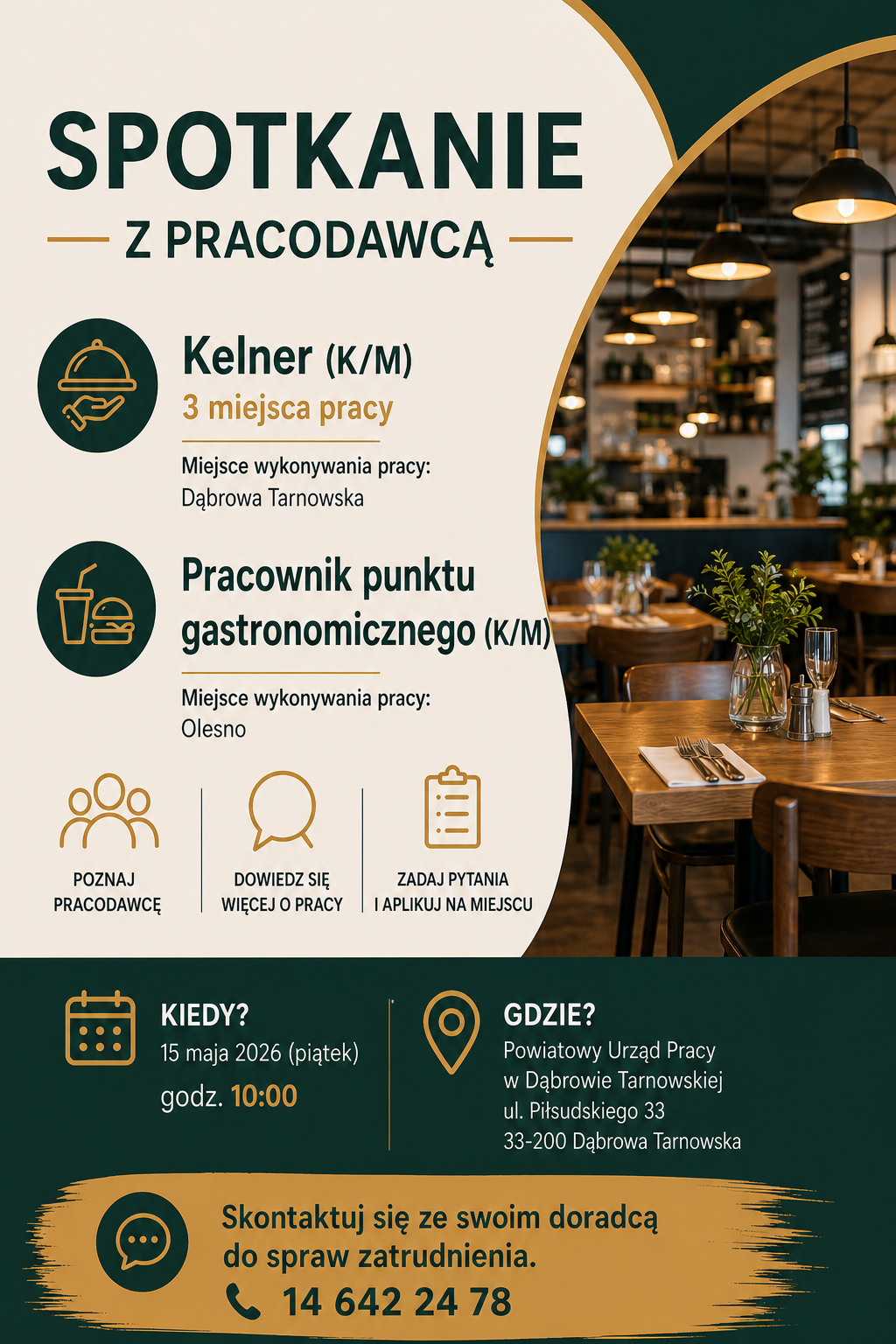Plakat informujący o spotkaniu z pracodawcą oferujący zatrudnienie dla trzech osób w gastronomii