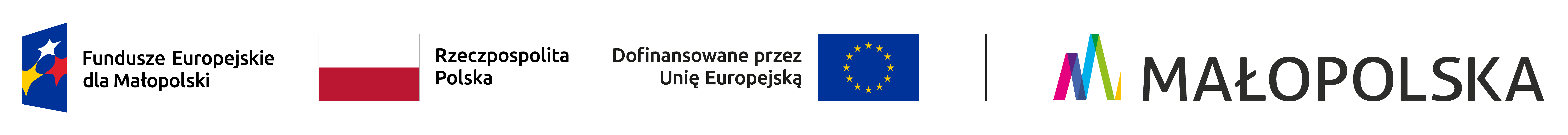 Zestawienie znaków Funduszy Europejskich, znaku barw RP i znaku Unii Europejskiej oraz logo Województwa Małopolskiego.