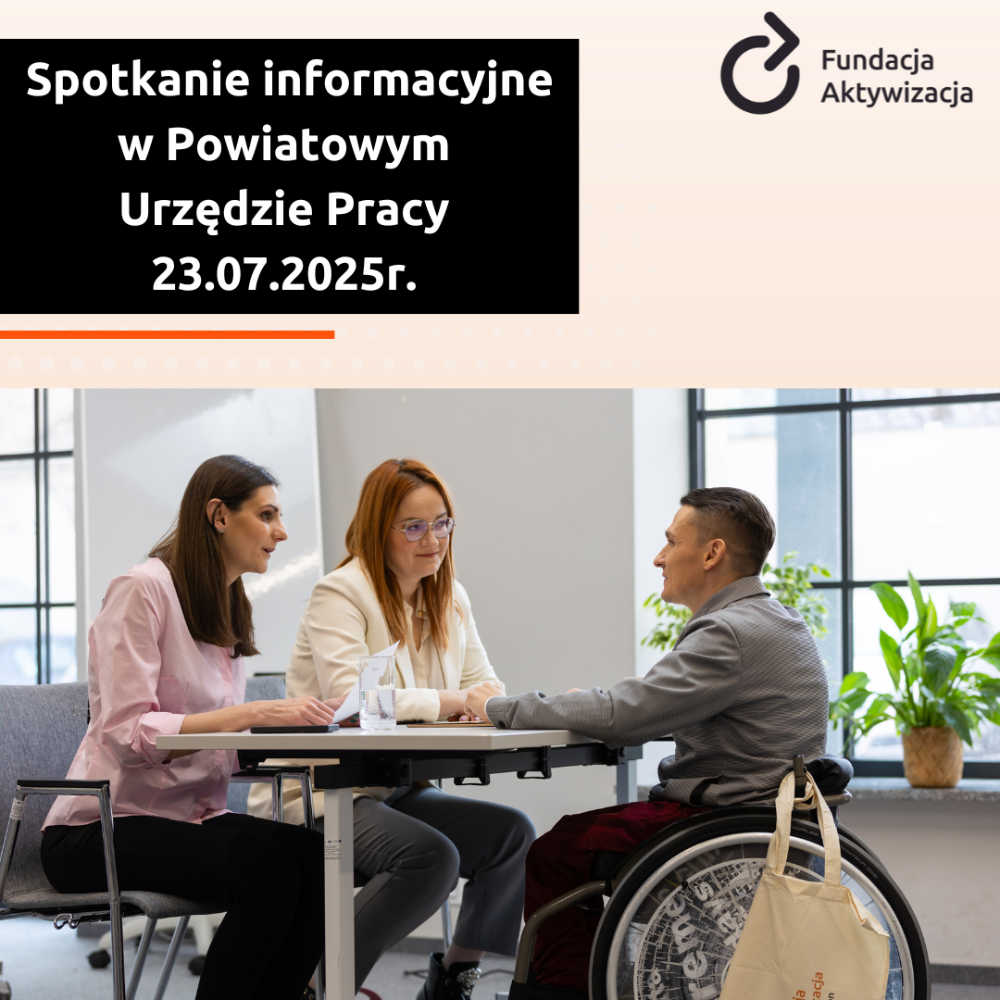 Plakat przedstawia dwie Panie które rozmawiają z  Panem na wózku inwalidzkim.