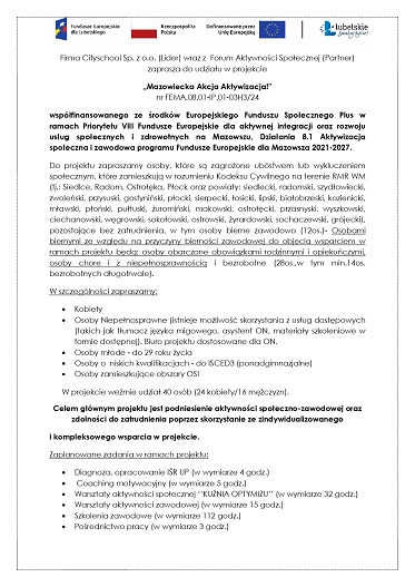 Zdjęcie artykułu Zaproszenie do udziału w projekcie pn. "Mazowiecka Akcja Aktywizacja"